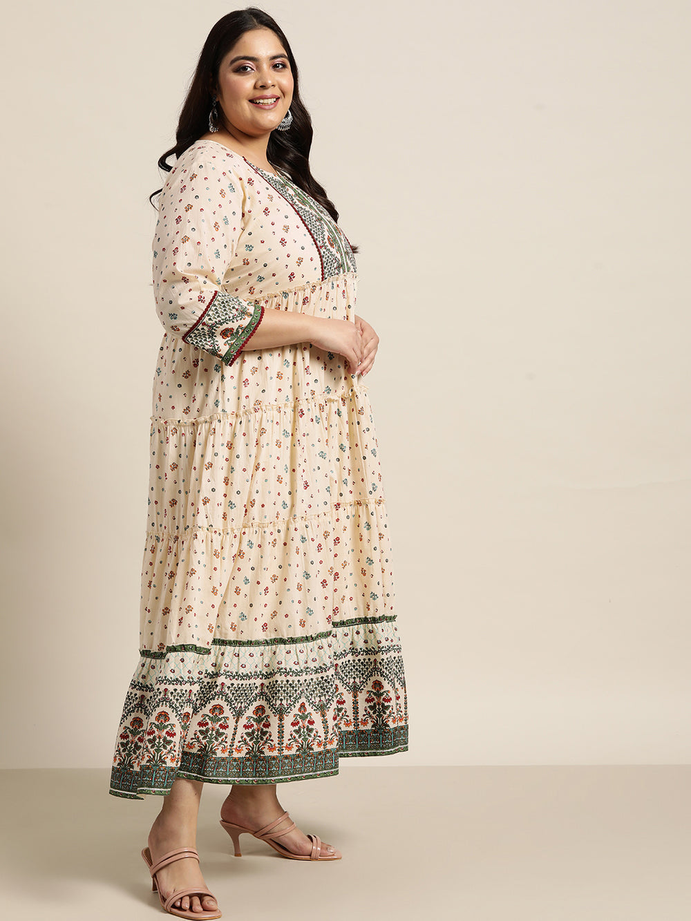 Juniper Women`s Ivory Cambric Festive Wear Printed Tiered Dress - Distacart