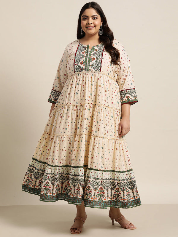 Juniper Women`s Ivory Cambric Festive Wear Printed Tiered Dress - Distacart