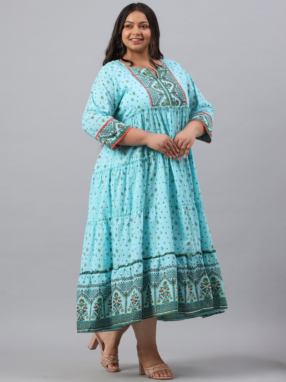 Juniper Women`s Sky Blue Cambric Festive Wear Printed Tiered Dress - Distacart