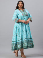 Thumbnail for Juniper Women`s Sky Blue Cambric Festive Wear Printed Tiered Dress - Distacart