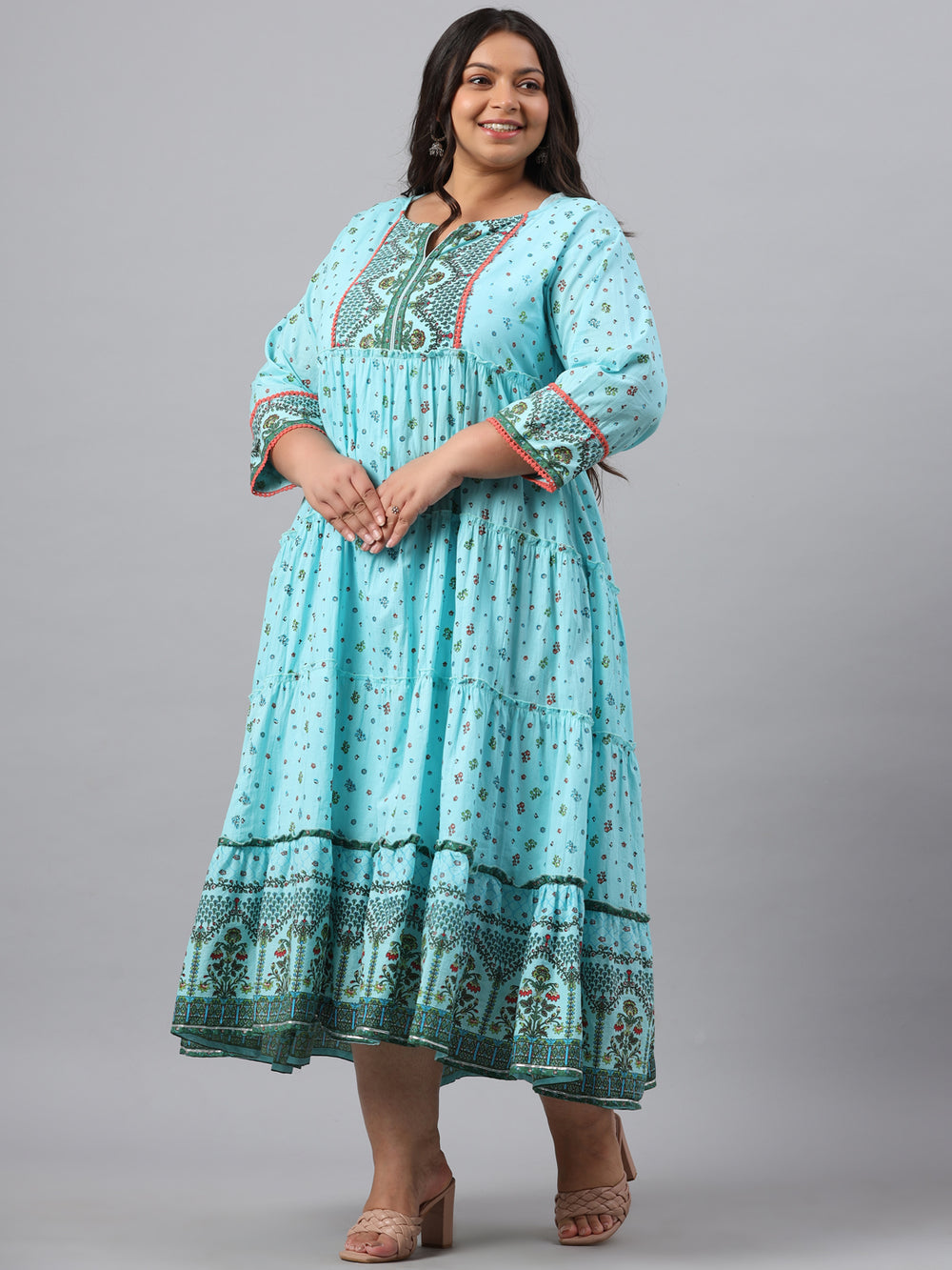 Juniper Women`s Sky Blue Cambric Festive Wear Printed Tiered Dress - Distacart