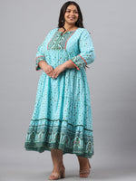 Thumbnail for Juniper Women`s Sky Blue Cambric Festive Wear Printed Tiered Dress - Distacart