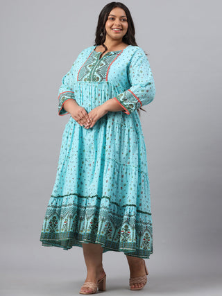 Juniper Women`s Sky Blue Cambric Festive Wear Printed Tiered Dress - Distacart