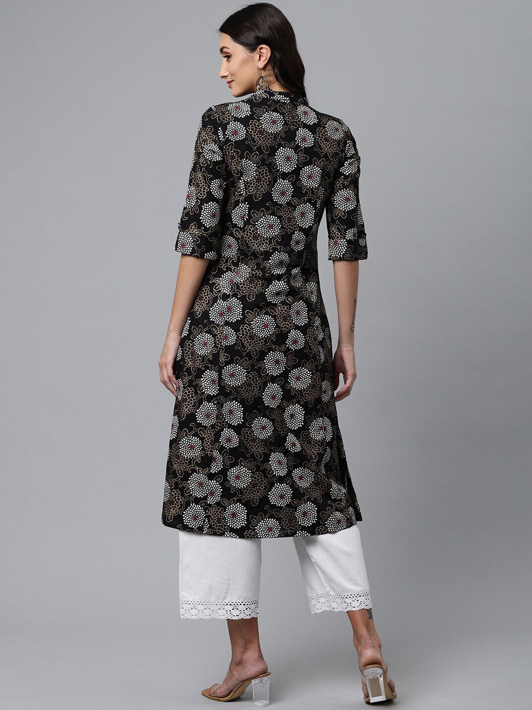 HERE&NOW Mandarin Collar Floral Printed Cotton Kurta - Distacart