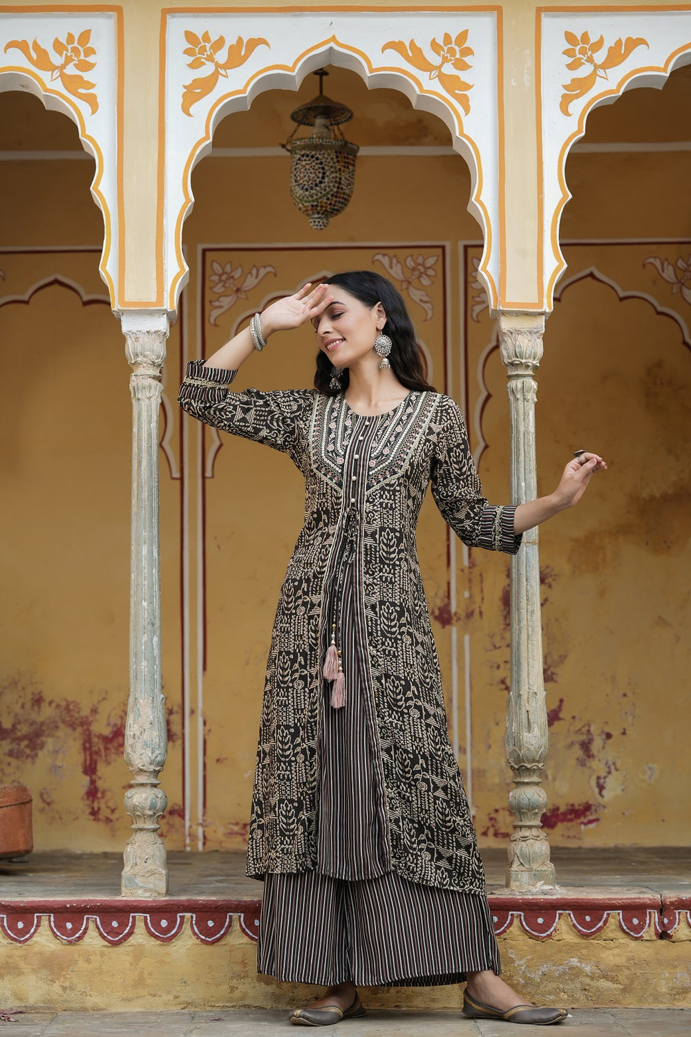 Juniper Women`s Black Rayon Staple Embroidered & Printed A-Line Kurta Sets - Distacart