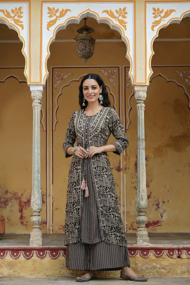 Juniper Women`s Black Rayon Staple Embroidered & Printed A-Line Kurta Sets - Distacart