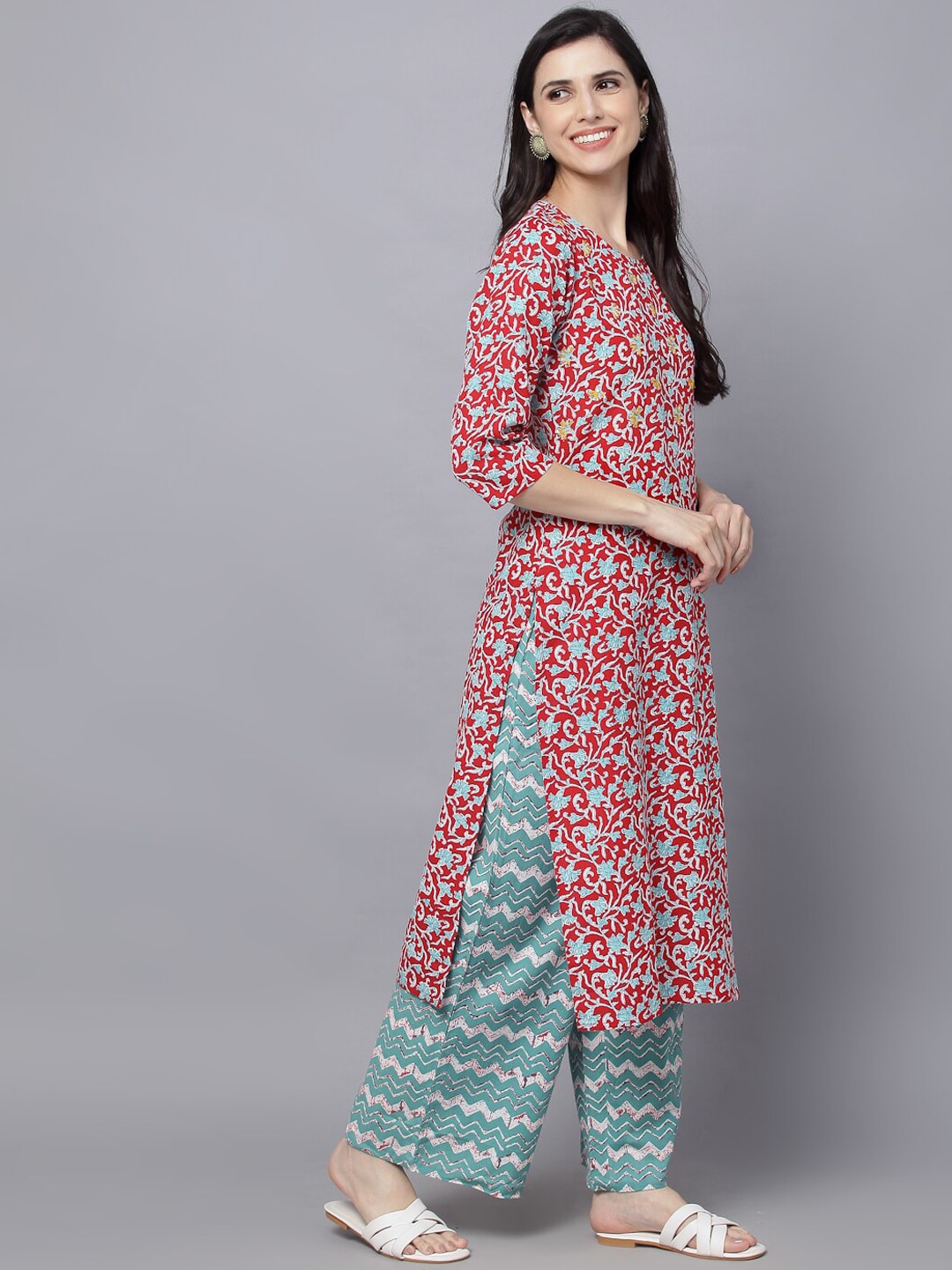 HERE&NOW Women Maroon Printed Kurta With Palazzos - Distacart