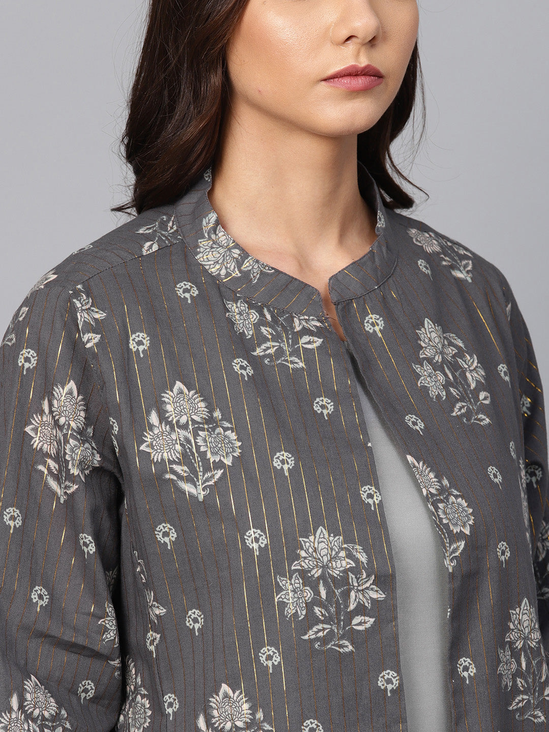 Biba Women Grey Floral Print Layered A-Line Kurta - Distacart