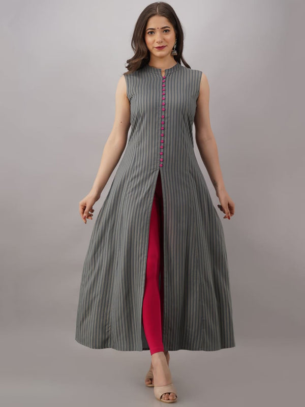 Kalini Women Grey & Gold-Toned Striped Anarkali Kurta - Distacart