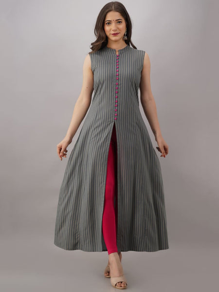 Kalini Women Grey & Gold-Toned Striped Anarkali Kurta - Distacart