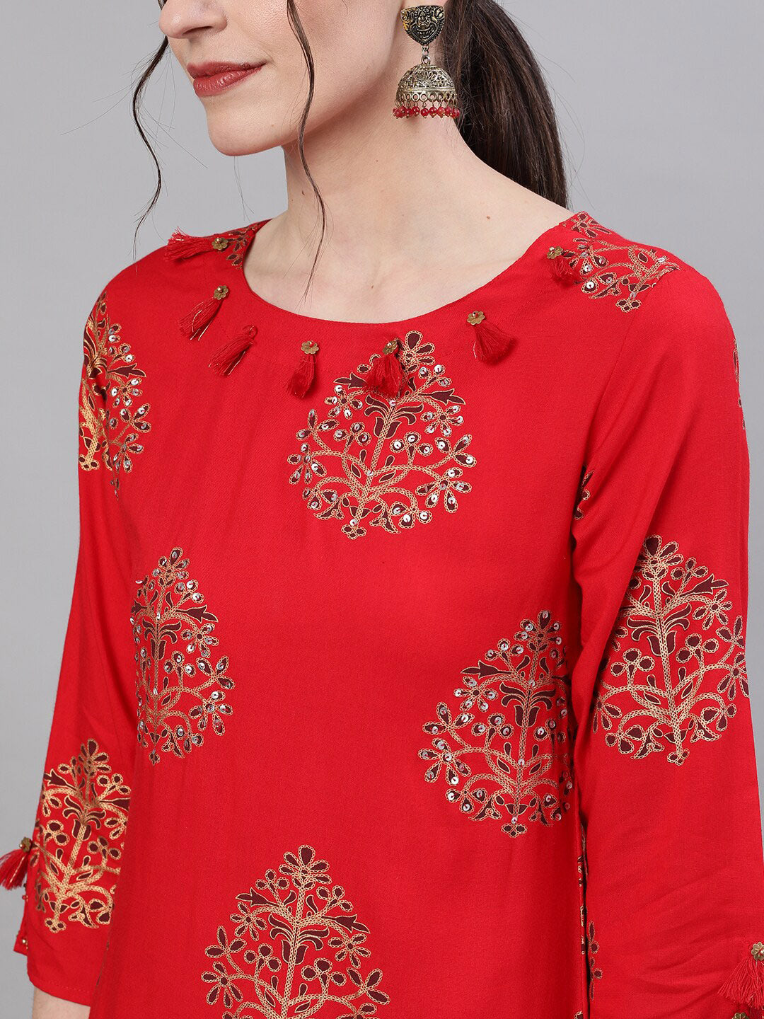 Ishin Women Red Printed A-Line Kurta with Skirt - Distacart