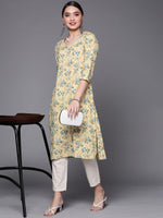 Thumbnail for Biba Women Cream-Coloured & Blue Pure Cotton Floral Print Straight Kurta - Distacart