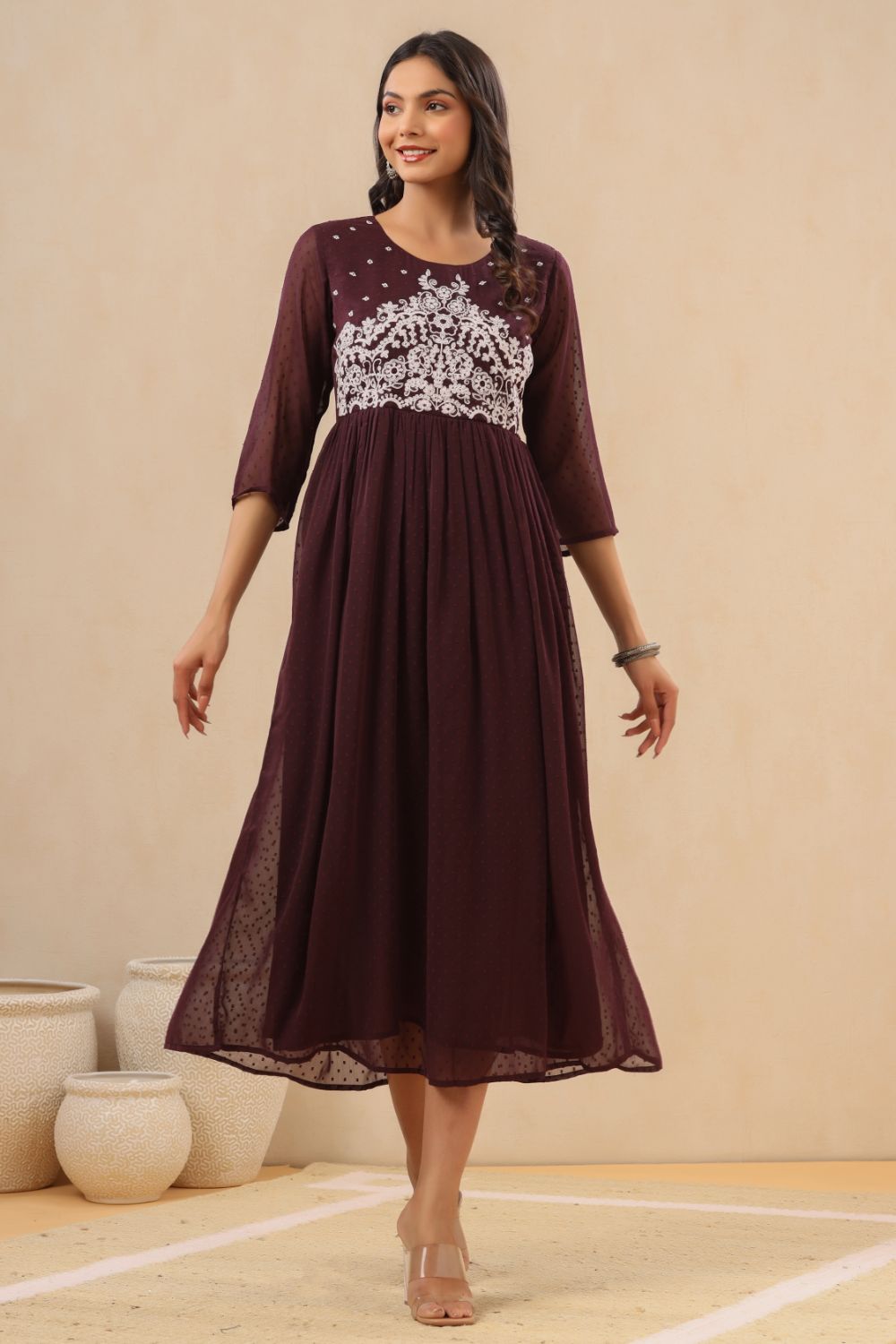 Juniper Womens Purple Chiffon Dobby Embroidered Maxi Dress - Distacart