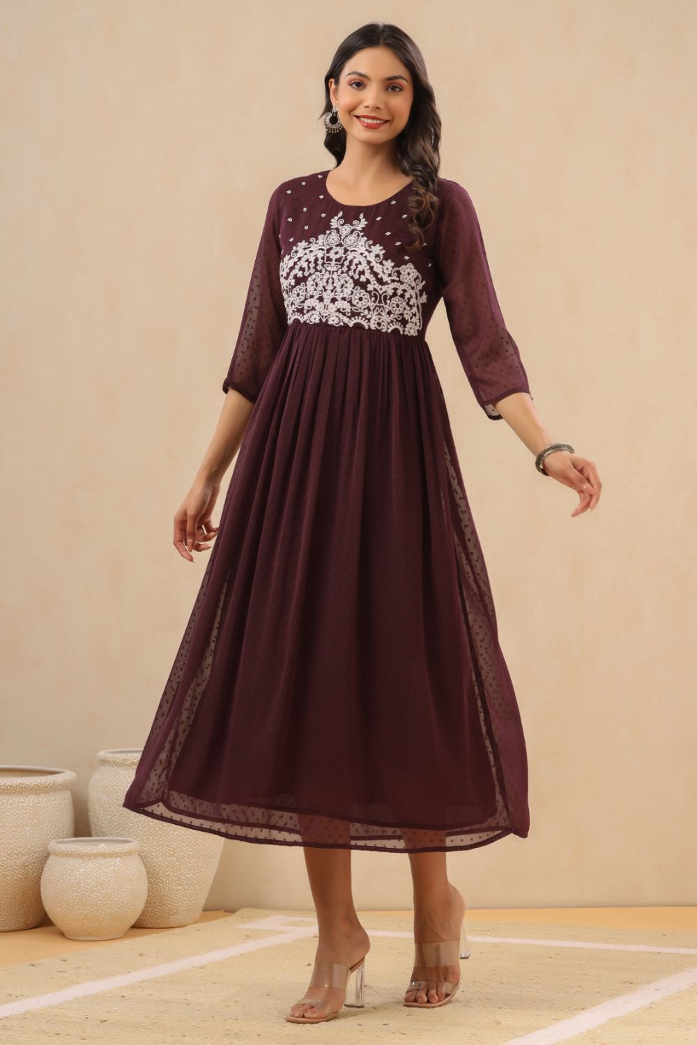 Juniper Womens Purple Chiffon Dobby Embroidered Maxi Dress - Distacart