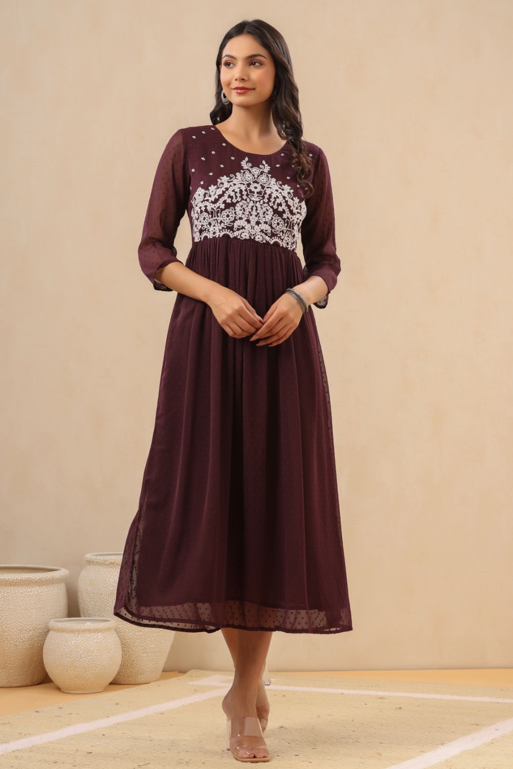 Juniper Womens Purple Chiffon Dobby Embroidered Maxi Dress - Distacart