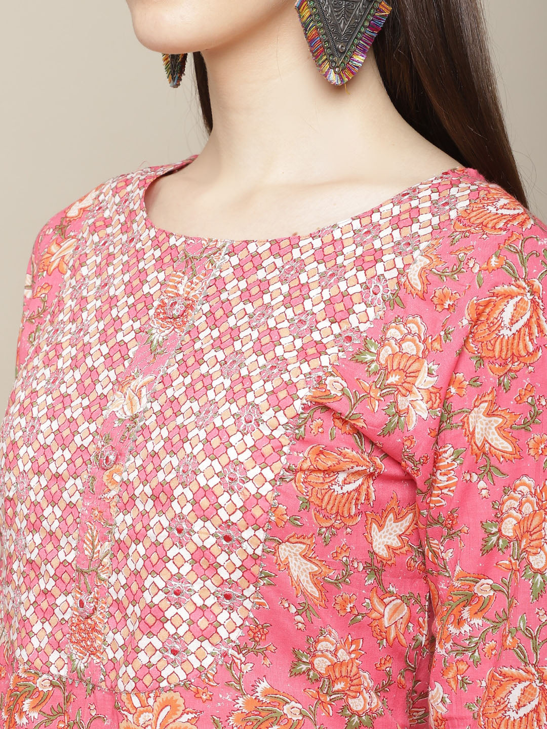 Sangria Women Pink Floral Printed Pure Cotton Kurta with Trouser & Dupatta - Distacart