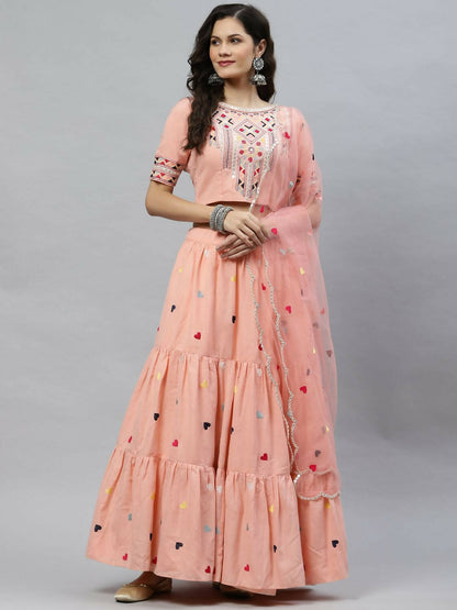 Pink Cotton Embroidered Work Lehenga Choli with Dupatta - Jivika - Distacart
