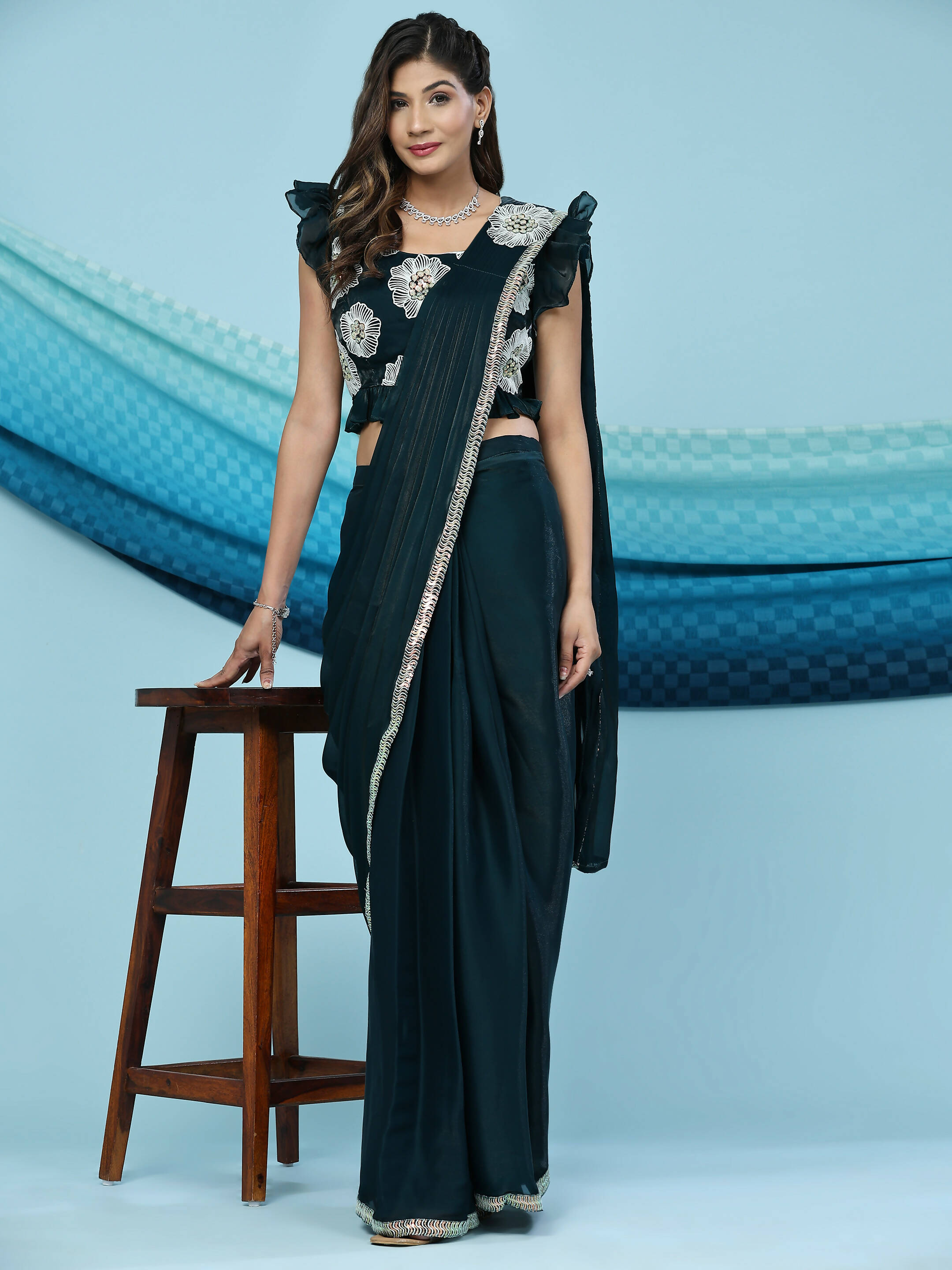 Green Silk Satin Sequence Work Ready to Wear Saree with stitched Blouse - Nirvana - Distacart