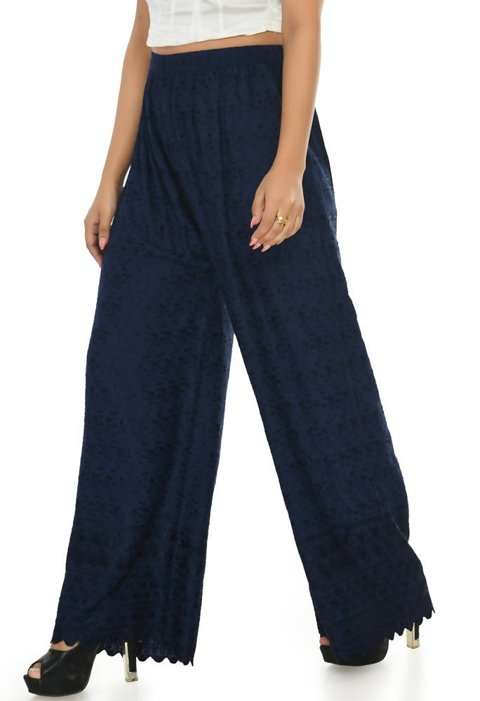Mominos Fashion Moeza Reyon Cotton Navy Blue Chikan Work Palazzo