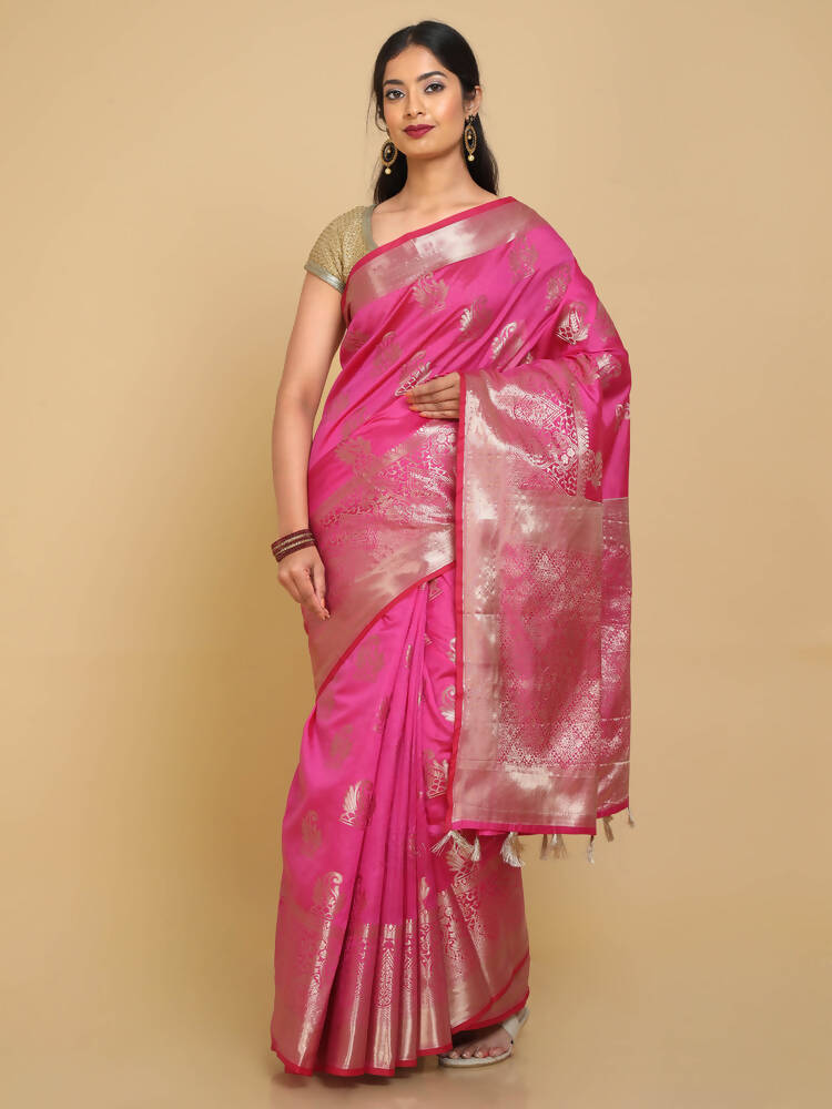 Kalamandir Zari Paisleys Pink Silk Blend Saree
