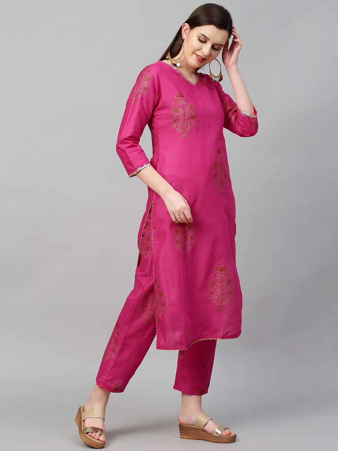 Kalini Women Pink Floral Printed Gotta Patti Kurta with Trousers & With Dupatta - Distacart