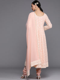 Thumbnail for Libas Pink & White Chikankari Embroidered Anarkali Kurta with Churidar & Dupatta - Distacart
