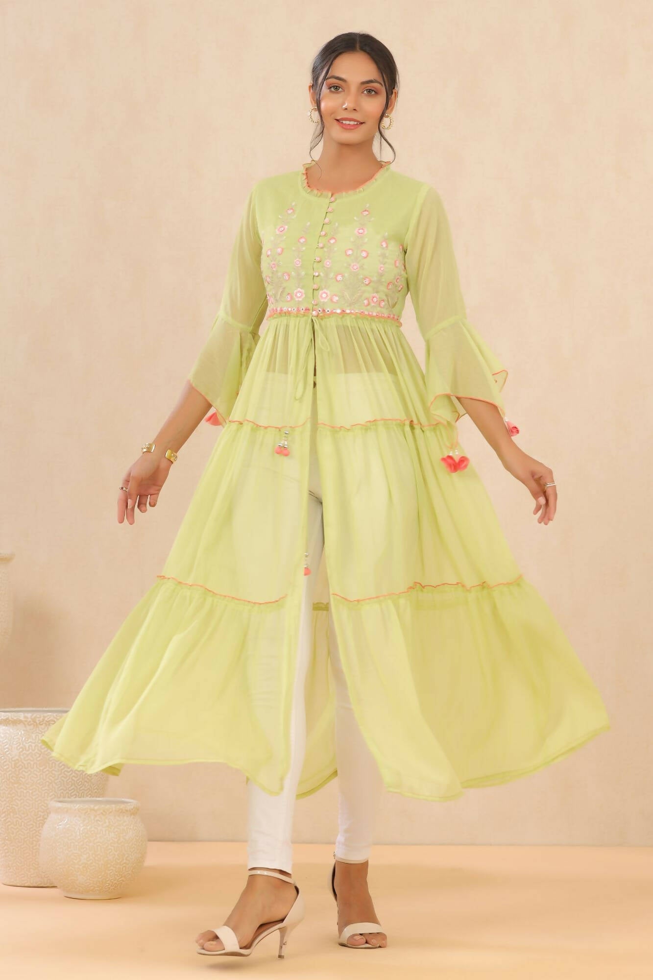 Juniper Women Green Chiffon Embroidered Tiered Kurta - Distacart