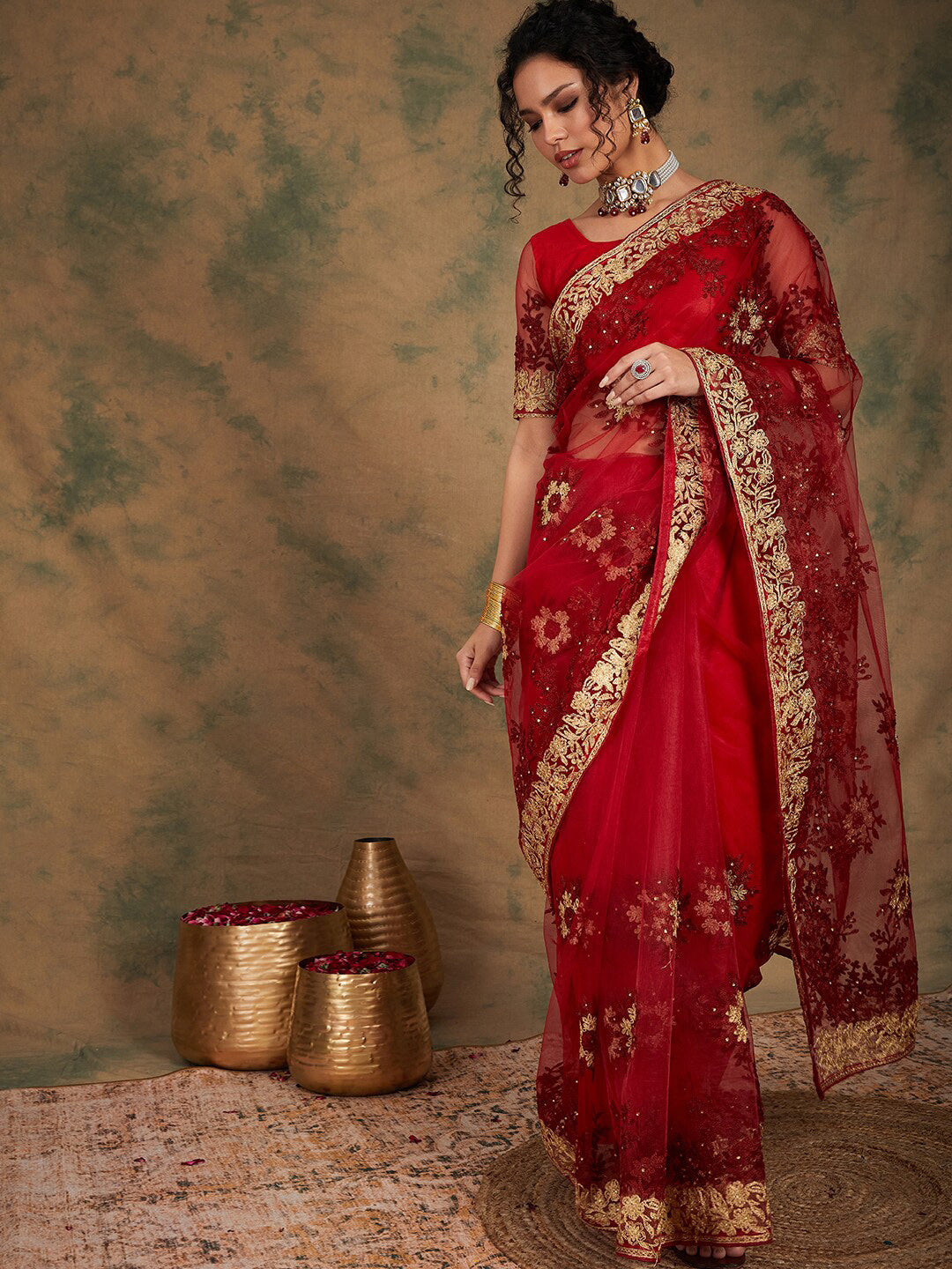Sangria Floral Embroidered Net Sarees - Distacart