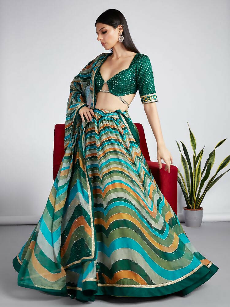House of Panchhi Green Organza Siroski Stone Work Leheriya Print Lehenga Choli & Dupatta - Distacart