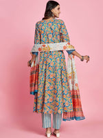 Thumbnail for Sangria Blue Floral Printed Thread Work A-Line Kurta & Trouser With Dupatta - Distacart