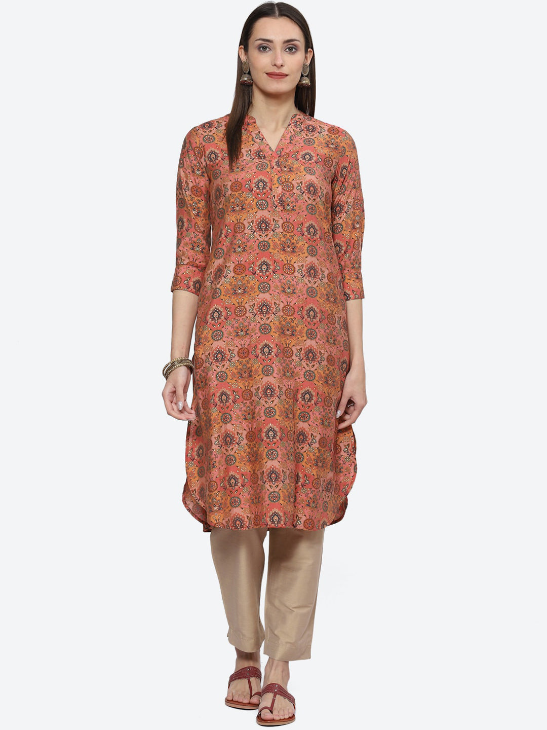 Biba Mandarin Collar Ethnic Motifs Printed A-Line Kurta - Distacart
