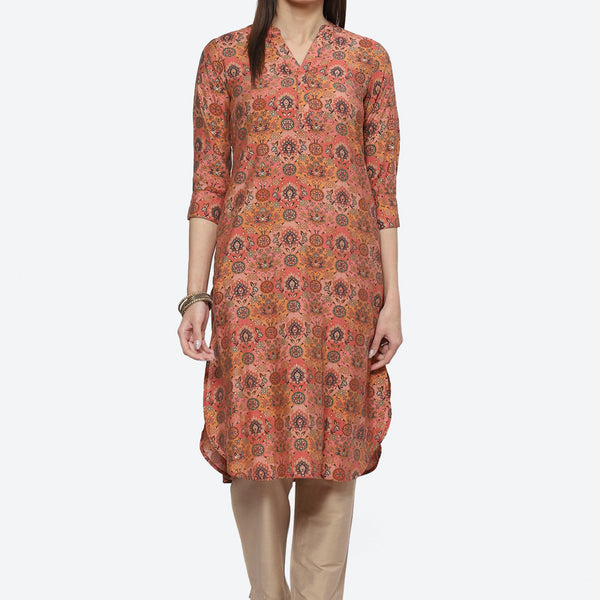 Biba Mandarin Collar Ethnic Motifs Printed A-Line Kurta - Distacart