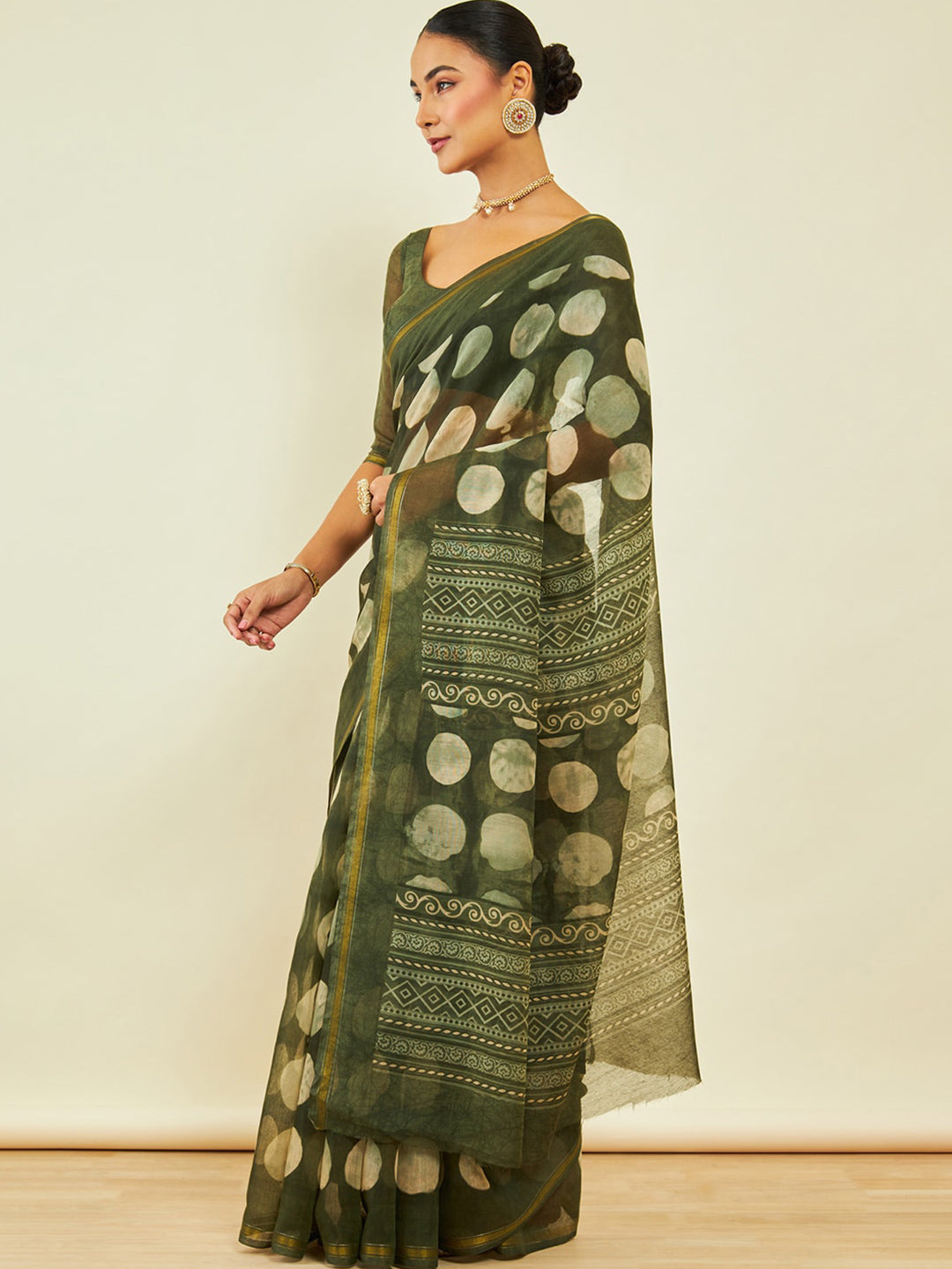 Soch Geometric Printed Zari Chanderi Saree - Distacart