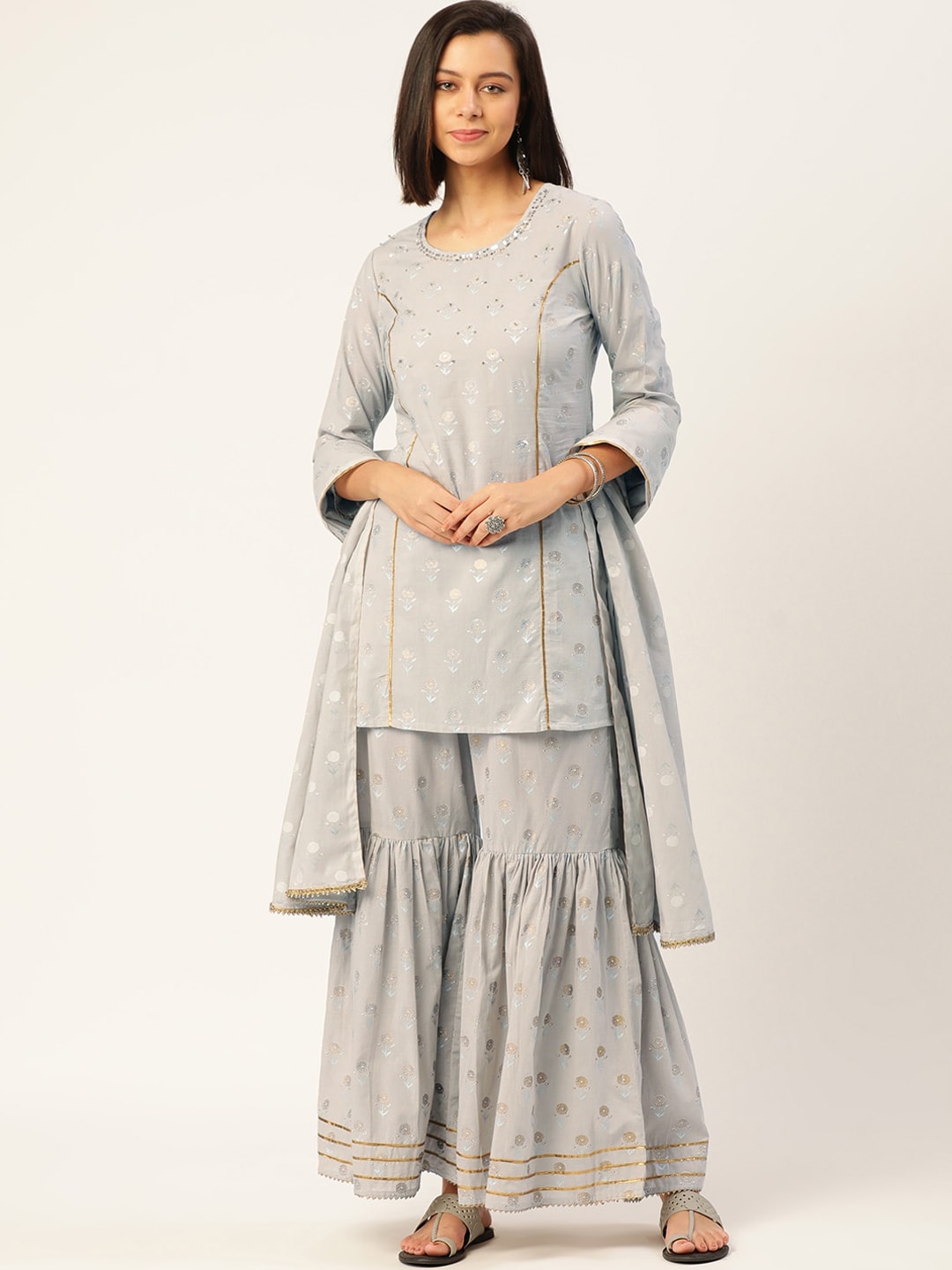 HERE&NOW Women Grey Floral Printed Panelled Gotta Patti Pure Cotton Kurti with Sharara With Dupatta - Distacart