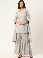 Thumbnail for HERE&NOW Women Grey Floral Printed Panelled Gotta Patti Pure Cotton Kurti with Sharara With Dupatta - Distacart