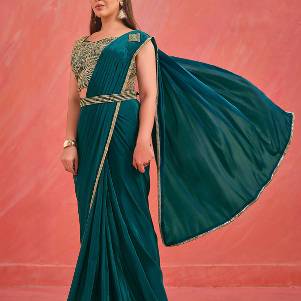 Light Teal Crepe Silk Georgette Jari, Sequence & Moti Work Saree With Stitched Blouse - Mohmanthan Elegancia - Distacart