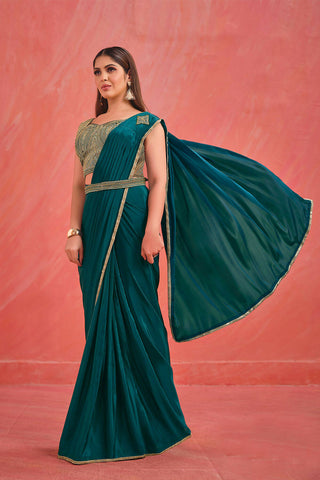 Light Teal Crepe Silk Georgette Jari, Sequence & Moti Work Saree With Stitched Blouse - Mohmanthan Elegancia - Distacart