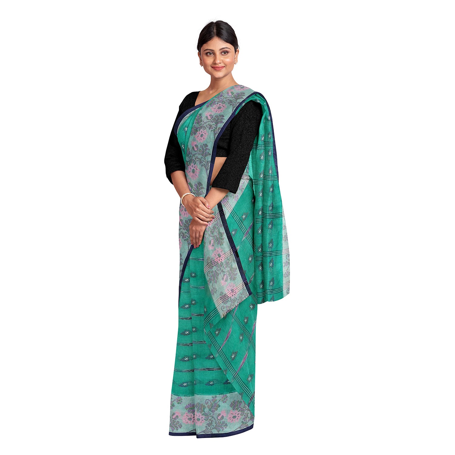 Exclusive Collection 100% Pure Cotton Green Tant Saree With Hand Weaving Work - Distacart