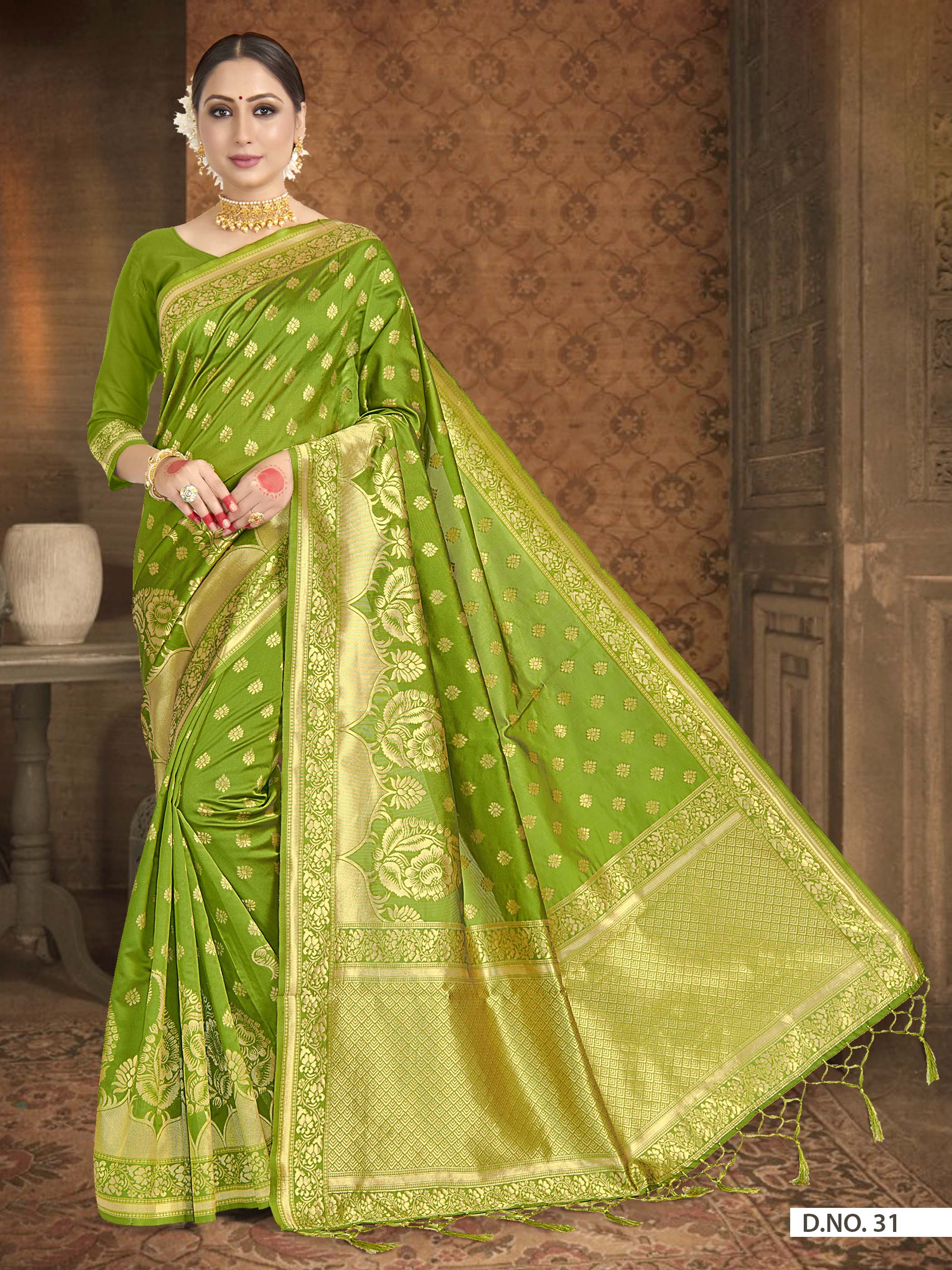 Vardha Pear Green Zari Floral Woven Banarasi Saree