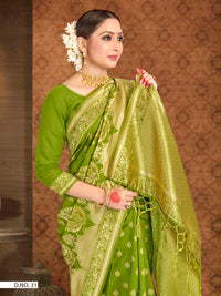 Thumbnail for Vardha Pear Green Zari Floral Woven Banarasi Saree