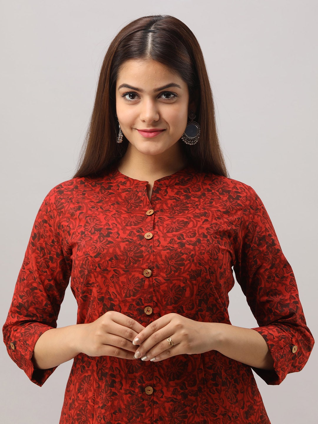 HERE&NOW Maroon Mandarin Collar Floral Straight A-Line Kurta - Distacart