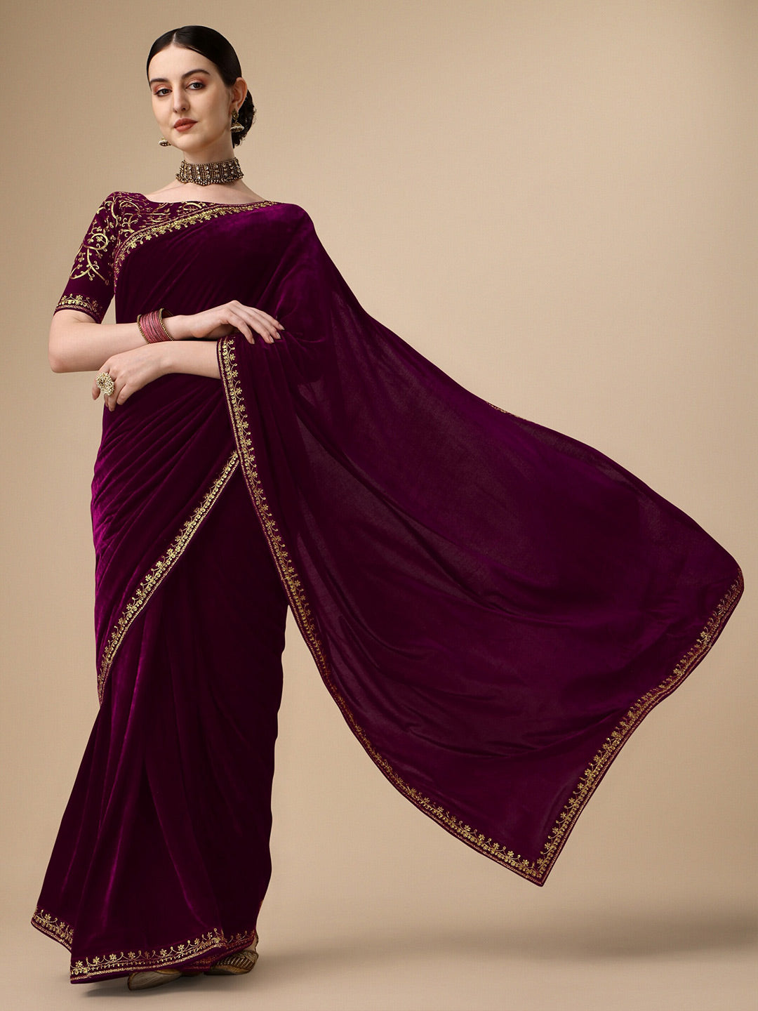 Kalini Embroidered Border Velvet Saree - Distacart