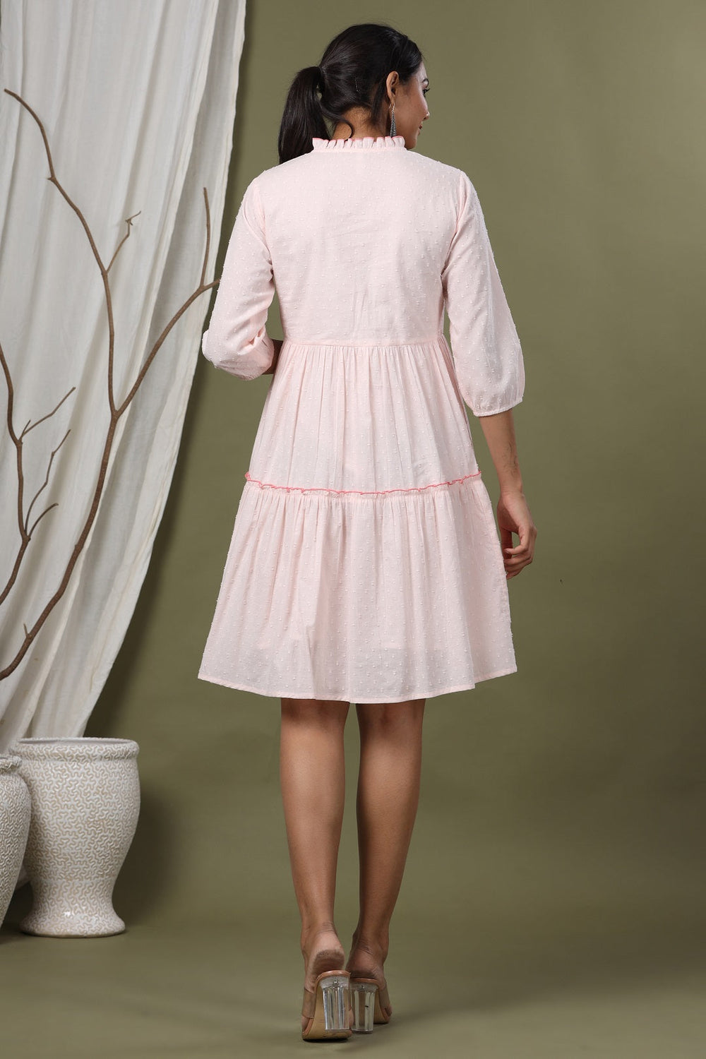 Juniper Peach Swiss Dot Festive Embroidered Tiered Dress For Women - Distacart