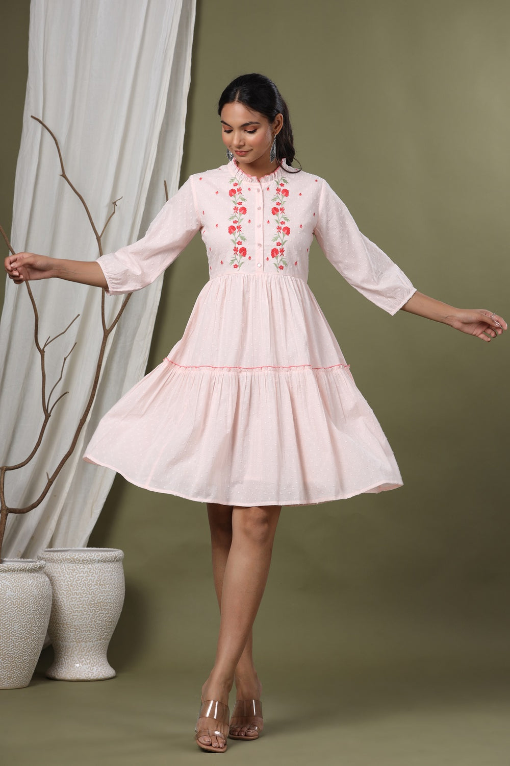 Juniper Peach Swiss Dot Festive Embroidered Tiered Dress For Women - Distacart