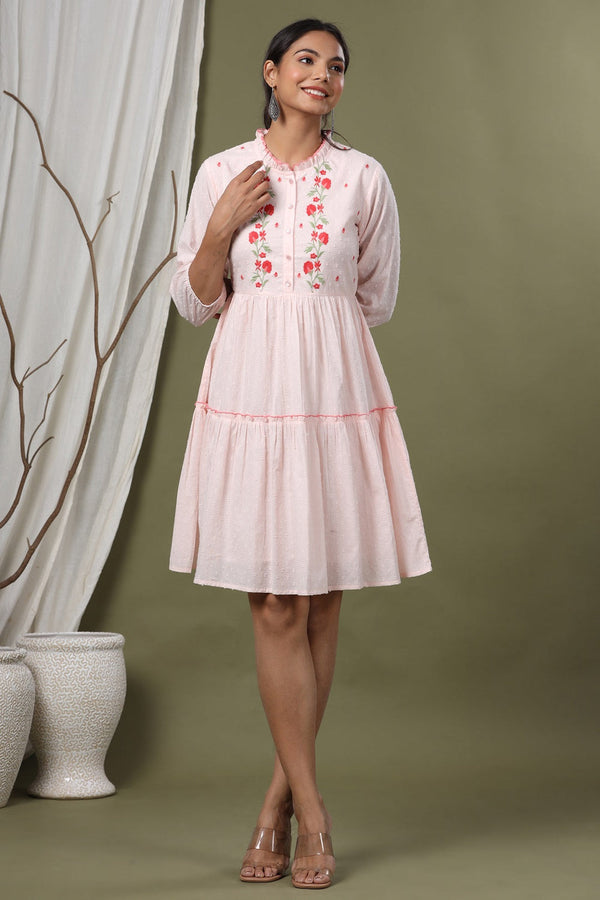 Juniper Peach Swiss Dot Festive Embroidered Tiered Dress For Women - Distacart