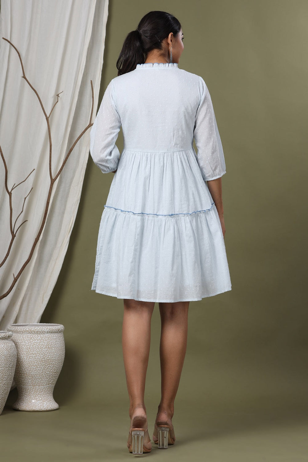 Juniper Sky Blue Swiss Dot Festive Embroidered Tiered Dress For Women - Distacart