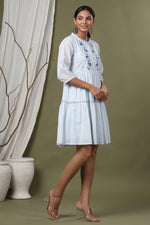 Thumbnail for Juniper Sky Blue Swiss Dot Festive Embroidered Tiered Dress For Women - Distacart