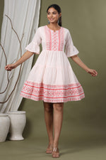 Thumbnail for Juniper Peach Cotton Dobby Festive Embroidered Tiered Dress For Women - Distacart