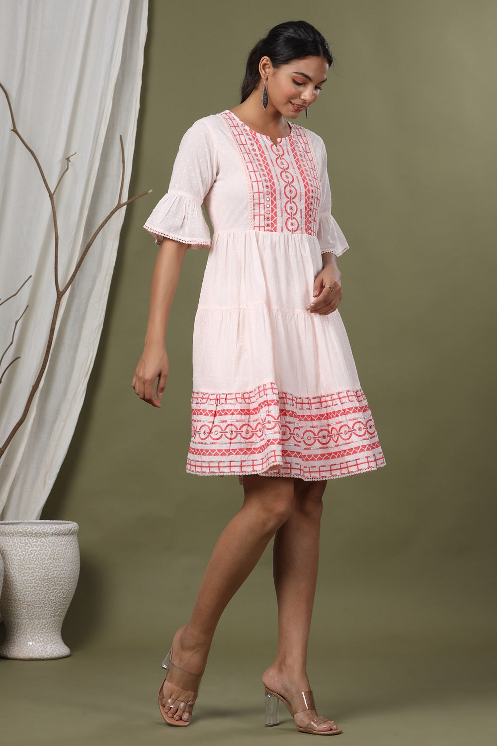 Juniper Peach Cotton Dobby Festive Embroidered Tiered Dress For Women - Distacart