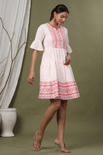 Thumbnail for Juniper Peach Cotton Dobby Festive Embroidered Tiered Dress For Women - Distacart